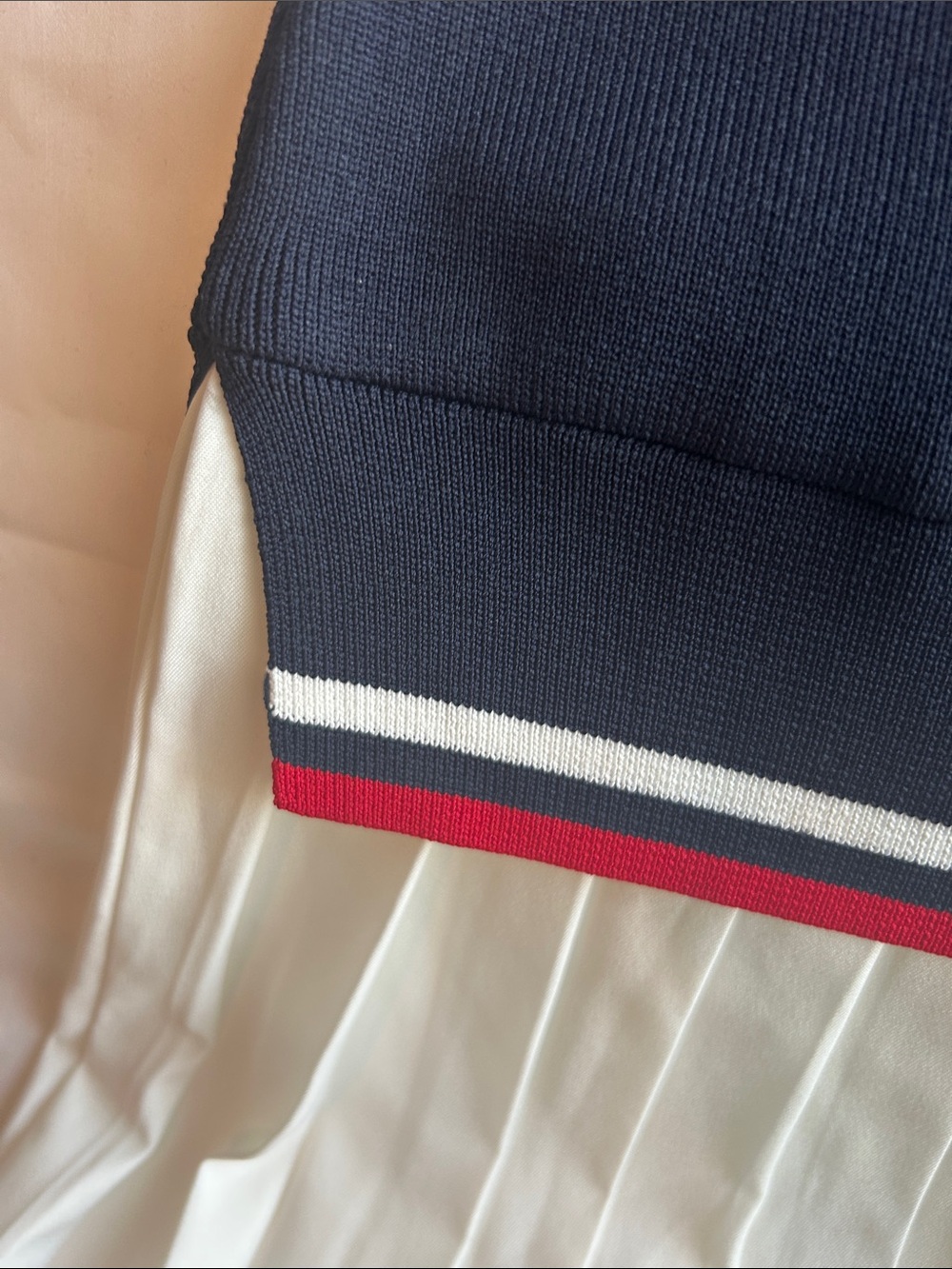 English Factory Navy Polo Knit Dress with White Pleated Hem and Red Trim - Picture 4 of 5